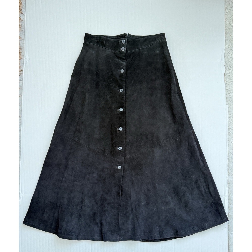 Vintage Scully Black Genuine Suede Leather Long A-Line Button Front Skirt 12